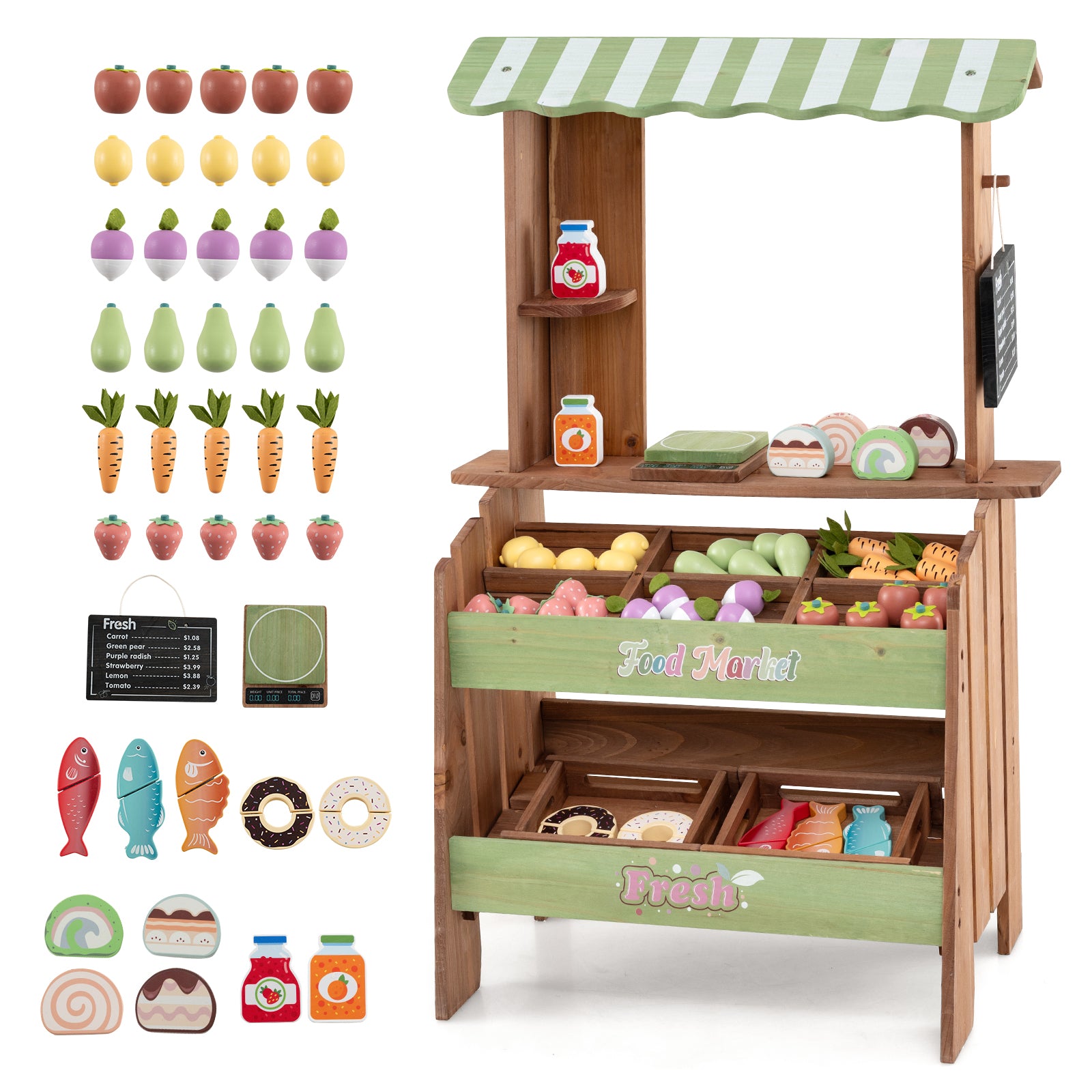 Wooden Mud Grocery Store for Kids, Outdoor & Indoor Farm Market Stand Playset with Price Chalkboard & 40+ Accessories