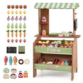 Wooden Mud Grocery Store for Kids, Outdoor & Indoor Farm Market Stand Playset with Price Chalkboard & 40+ Accessories