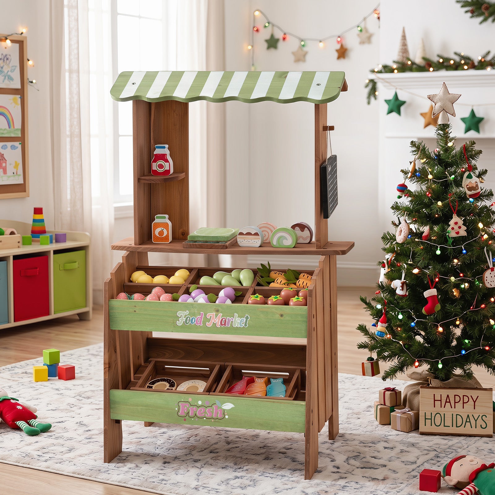 Wooden Mud Grocery Store for Kids, Outdoor & Indoor Farm Market Stand Playset with Price Chalkboard & 40+ Accessories