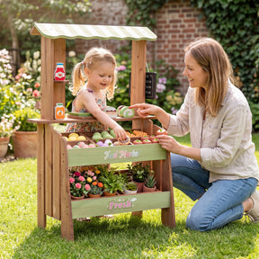 Wooden Mud Grocery Store for Kids, Outdoor & Indoor Farm Market Stand Playset with Price Chalkboard & 40+ Accessories