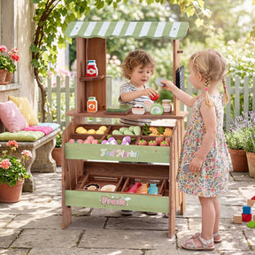 Wooden Mud Grocery Store for Kids, Outdoor & Indoor Farm Market Stand Playset with Price Chalkboard & 40+ Accessories
