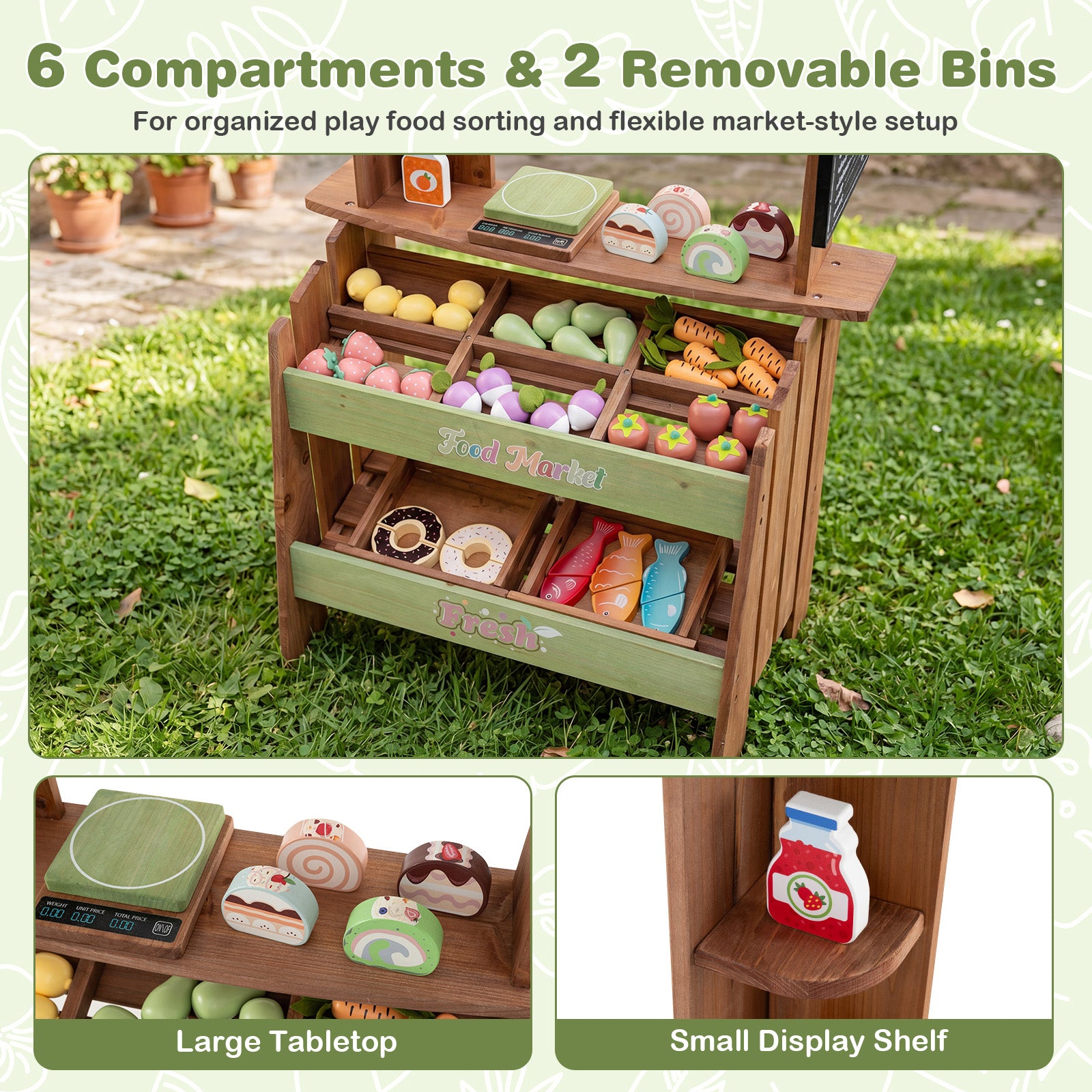 Wooden Mud Grocery Store for Kids, Outdoor & Indoor Farm Market Stand Playset with Price Chalkboard & 40+ Accessories
