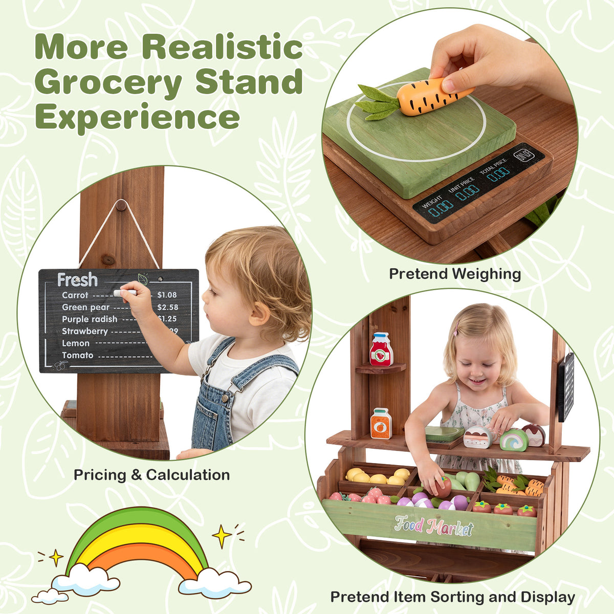 Wooden Mud Grocery Store for Kids, Outdoor & Indoor Farm Market Stand Playset with Price Chalkboard & 40+ Accessories