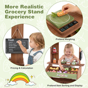 Wooden Mud Grocery Store for Kids, Outdoor & Indoor Farm Market Stand Playset with Price Chalkboard & 40+ Accessories