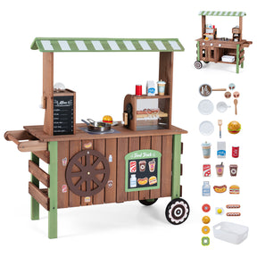 Kids Food Cart, Pretend Play Market Stand Food Cart w/Storage Shelves