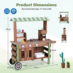 Kids Food Cart, Pretend Play Market Stand Food Cart w/Storage Shelves