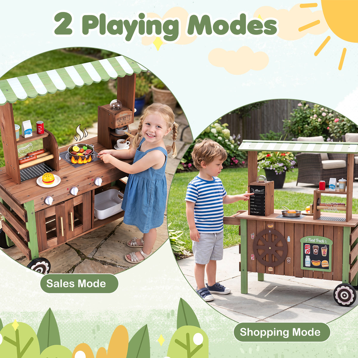 Kids Food Cart, Pretend Play Market Stand Food Cart w/Storage Shelves