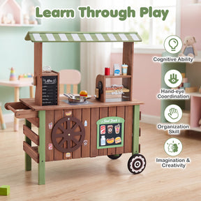Kids Food Cart, Pretend Play Market Stand Food Cart w/Storage Shelves