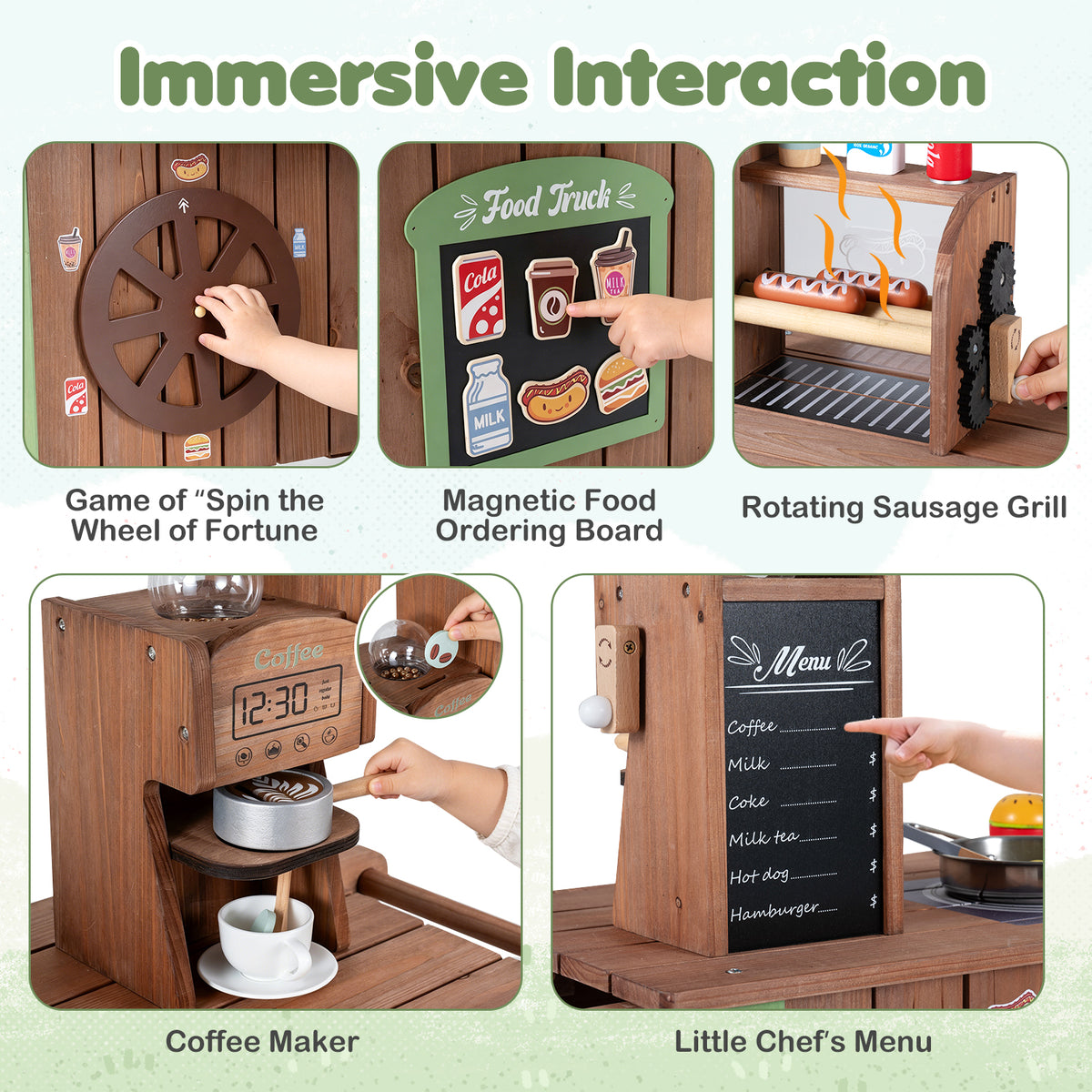 Kids Food Cart, Pretend Play Market Stand Food Cart w/Storage Shelves