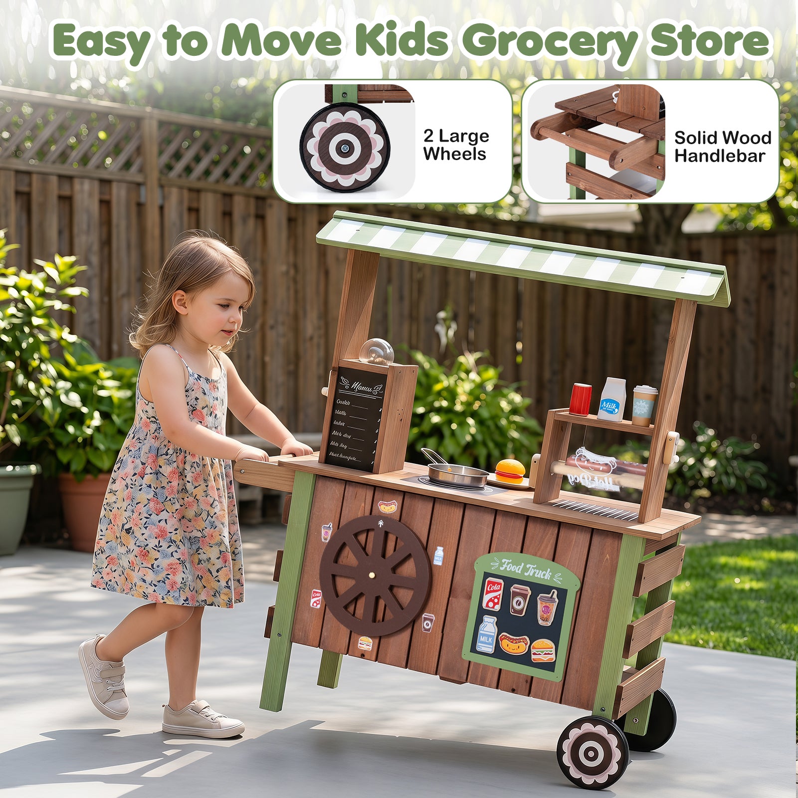 Kids Food Cart, Pretend Play Market Stand Food Cart w/Storage Shelves