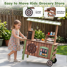 Kids Food Cart, Pretend Play Market Stand Food Cart w/Storage Shelves