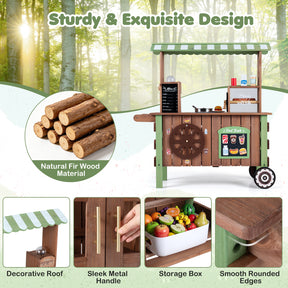 Kids Food Cart, Pretend Play Market Stand Food Cart w/Storage Shelves