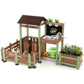 Outdoor Mud Farm Playset for Kids, Fir Wood Barnyard Pretend Toy w/ Raised Planter Box