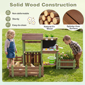 Outdoor Mud Farm Playset for Kids, Fir Wood Barnyard Pretend Toy w/ Raised Planter Box