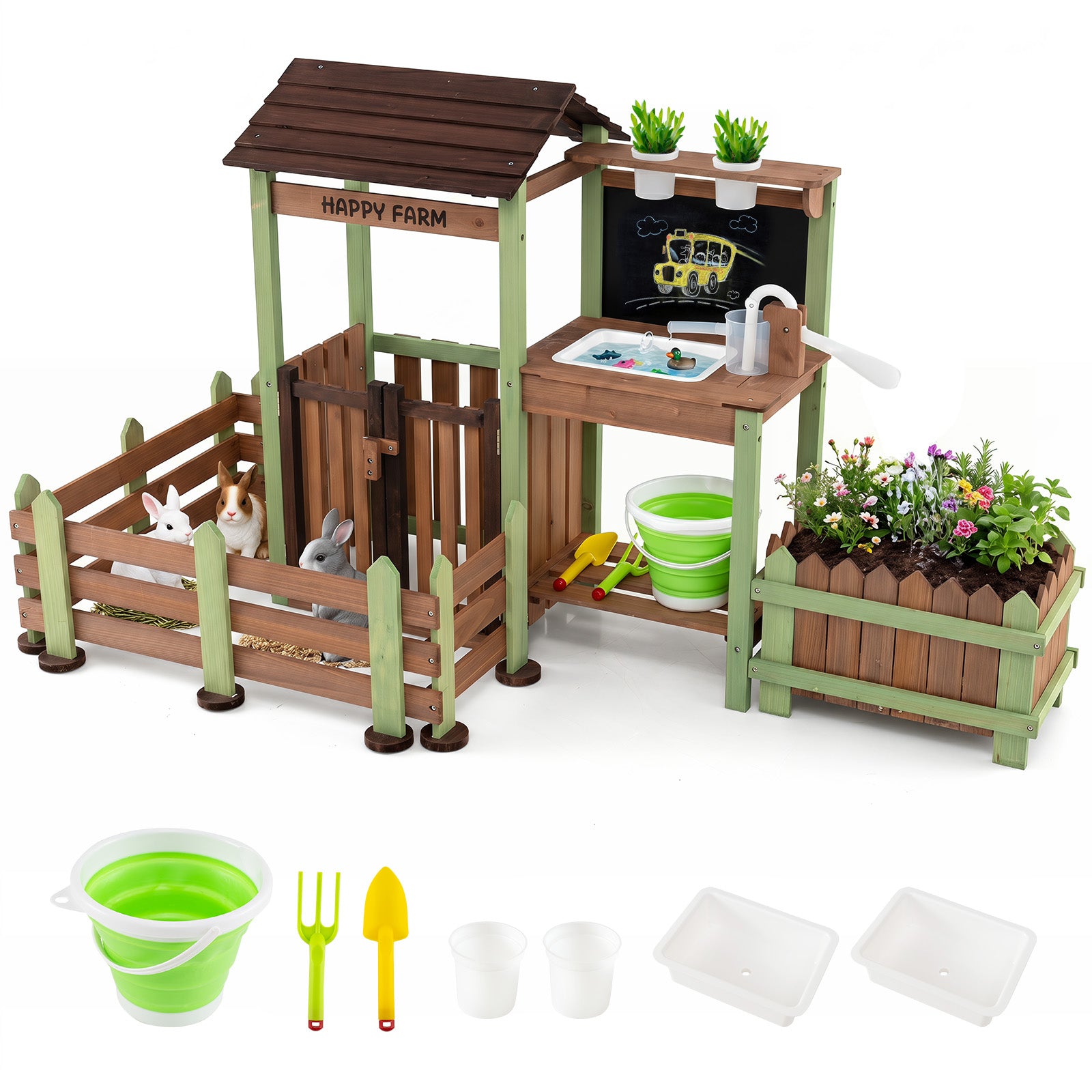 Outdoor Mud Farm Playset for Kids, Fir Wood Barnyard Pretend Toy w/ Raised Planter Box