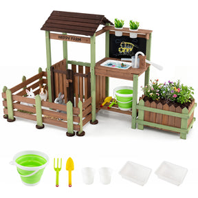 Outdoor Mud Farm Playset for Kids, Fir Wood Barnyard Pretend Toy w/ Raised Planter Box