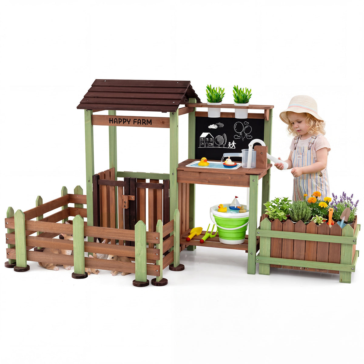 Outdoor Mud Farm Playset for Kids, Fir Wood Barnyard Pretend Toy w/ Raised Planter Box