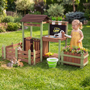 Outdoor Mud Farm Playset for Kids, Fir Wood Barnyard Pretend Toy w/ Raised Planter Box