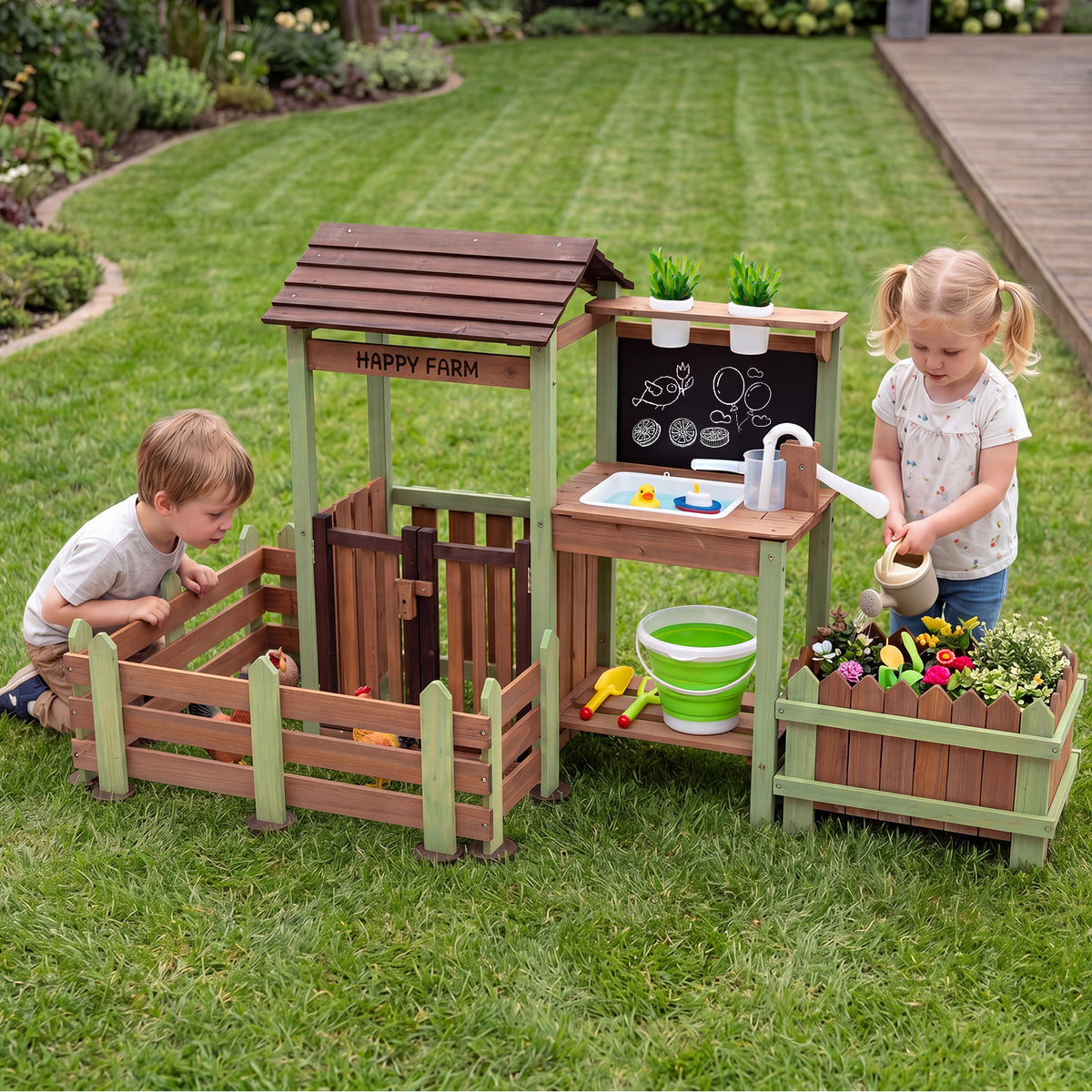 Outdoor Mud Farm Playset for Kids, Fir Wood Barnyard Pretend Toy w/ Raised Planter Box