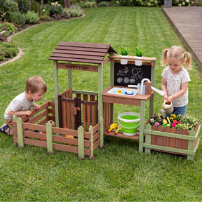 Outdoor Mud Farm Playset for Kids, Fir Wood Barnyard Pretend Toy w/ Raised Planter Box