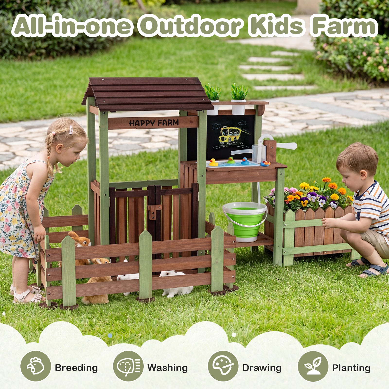 Outdoor Mud Farm Playset for Kids, Fir Wood Barnyard Pretend Toy w/ Raised Planter Box