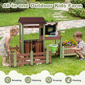 Outdoor Mud Farm Playset for Kids, Fir Wood Barnyard Pretend Toy w/ Raised Planter Box