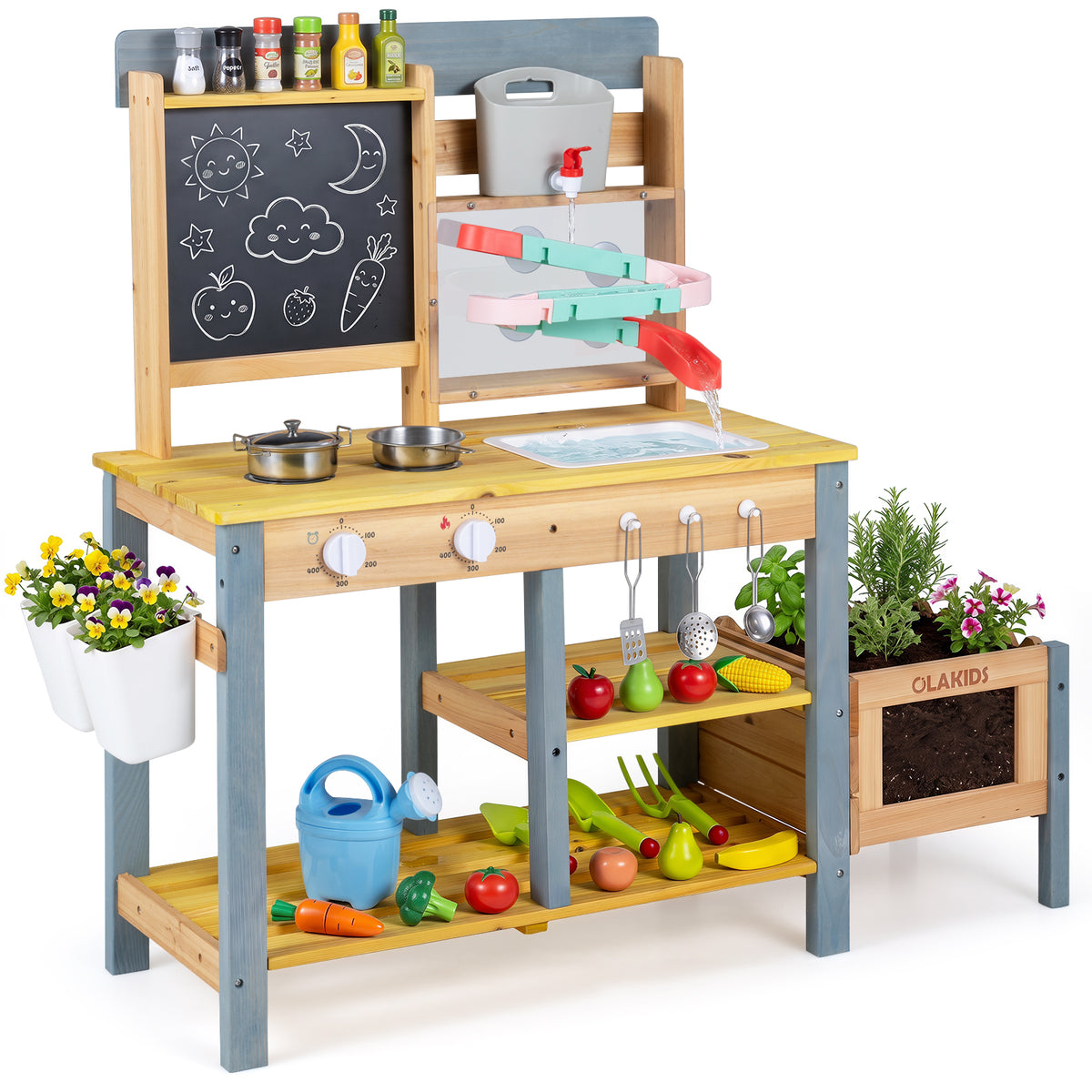 Mud Kitchen, Fir Wood Kids Play Kitchen Set w/ Faucet & Sink