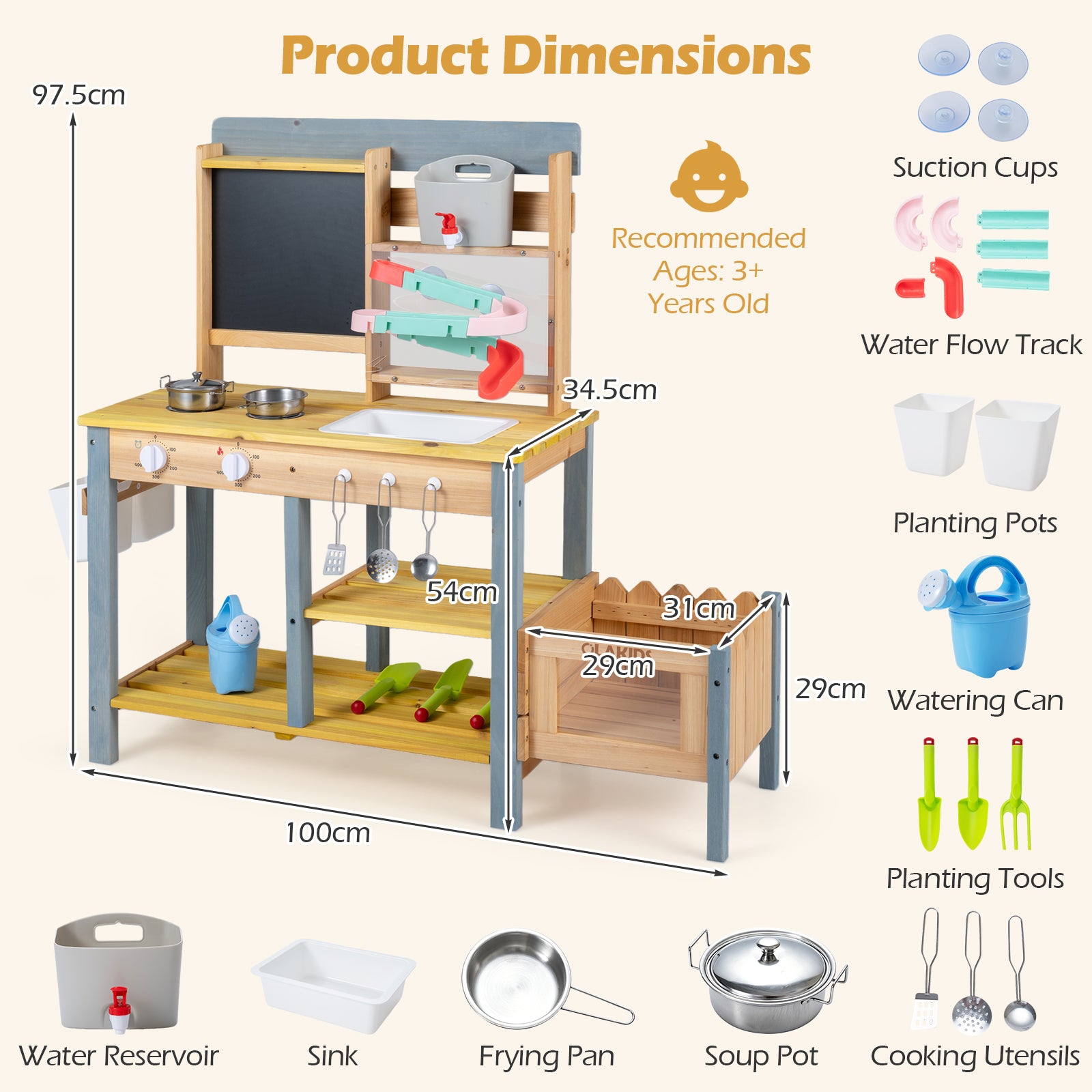 Mud Kitchen, Fir Wood Kids Play Kitchen Set w/ Faucet & Sink