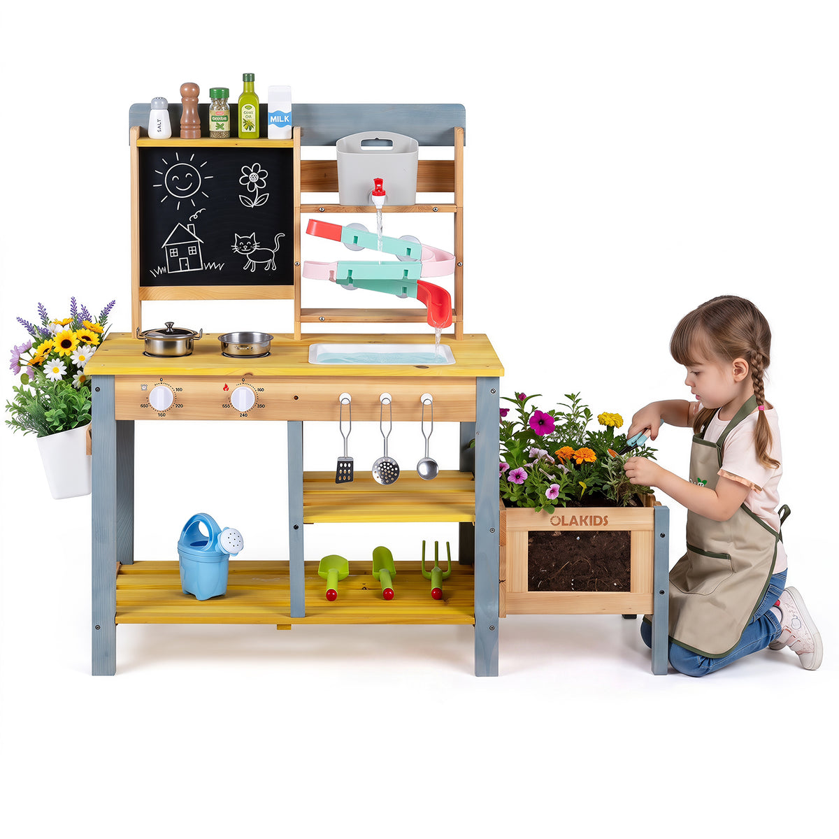 Mud Kitchen, Fir Wood Kids Play Kitchen Set w/ Faucet & Sink
