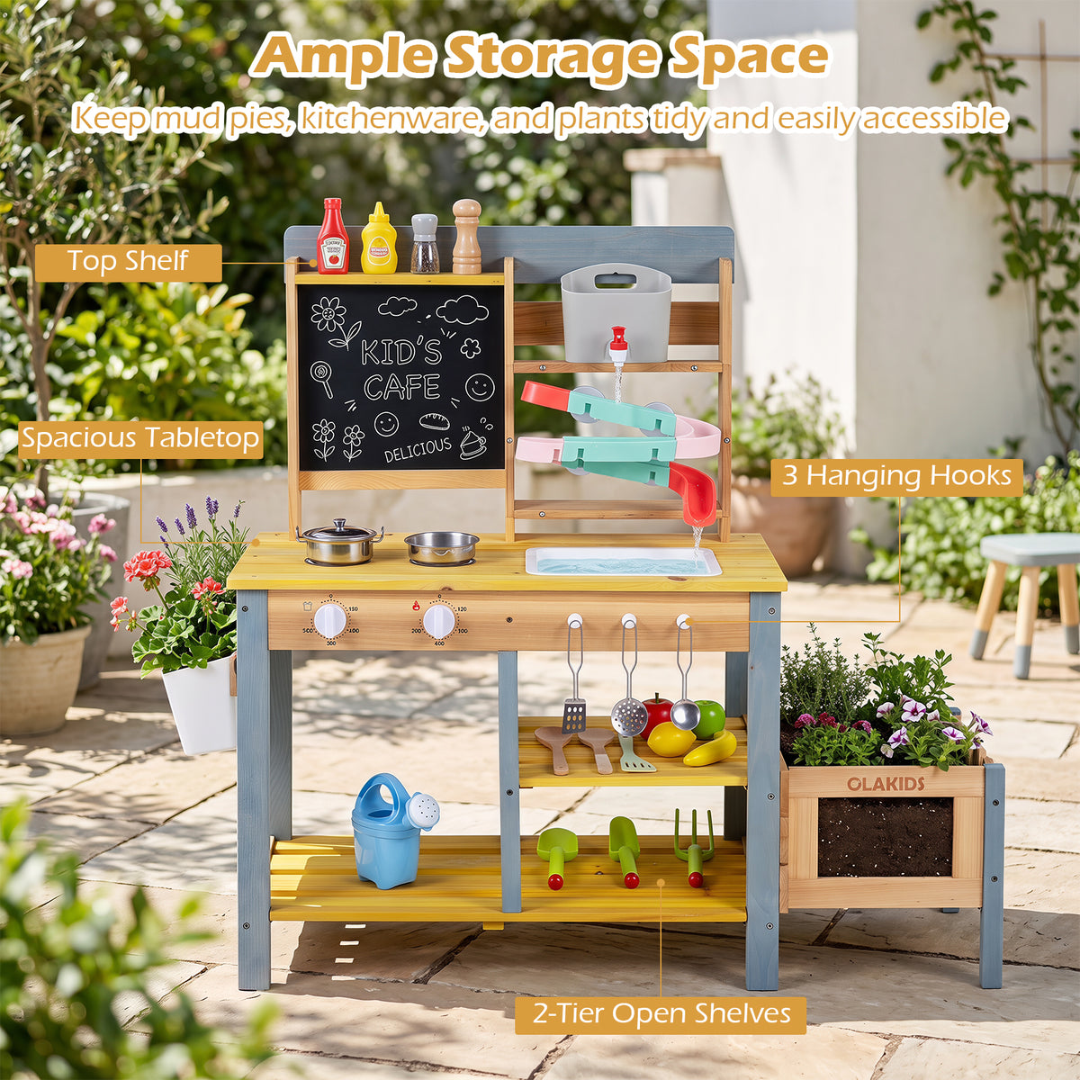 Mud Kitchen, Fir Wood Kids Play Kitchen Set w/ Faucet & Sink