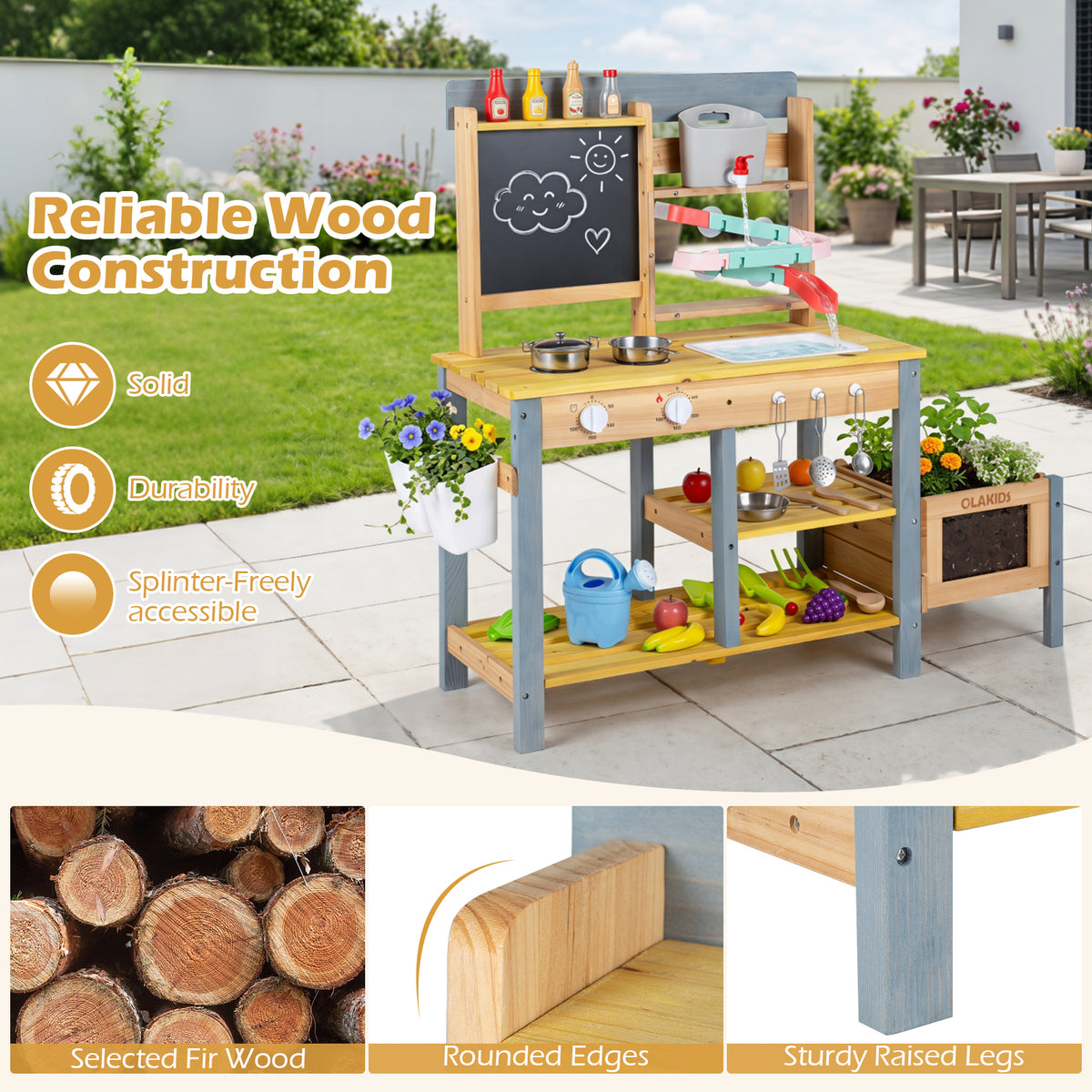 Mud Kitchen, Fir Wood Kids Play Kitchen Set w/ Faucet & Sink