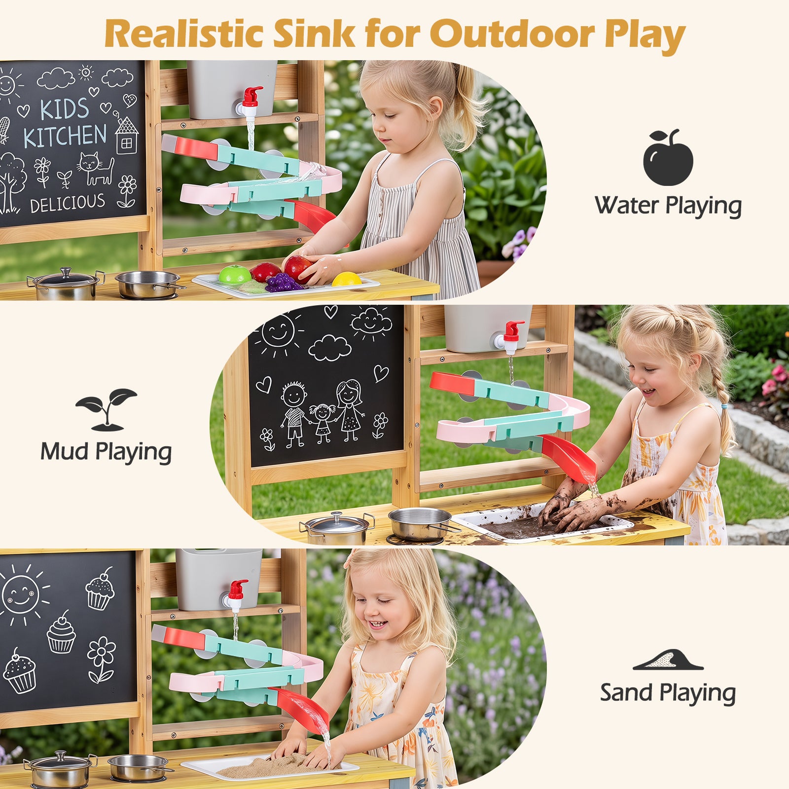 Mud Kitchen, Fir Wood Kids Play Kitchen Set w/ Faucet & Sink