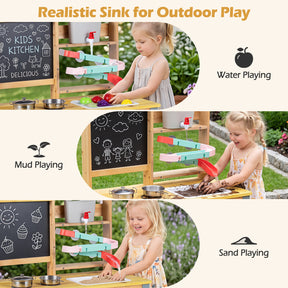 Mud Kitchen, Fir Wood Kids Play Kitchen Set w/ Faucet & Sink