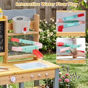 Mud Kitchen, Fir Wood Kids Play Kitchen Set w/ Faucet & Sink