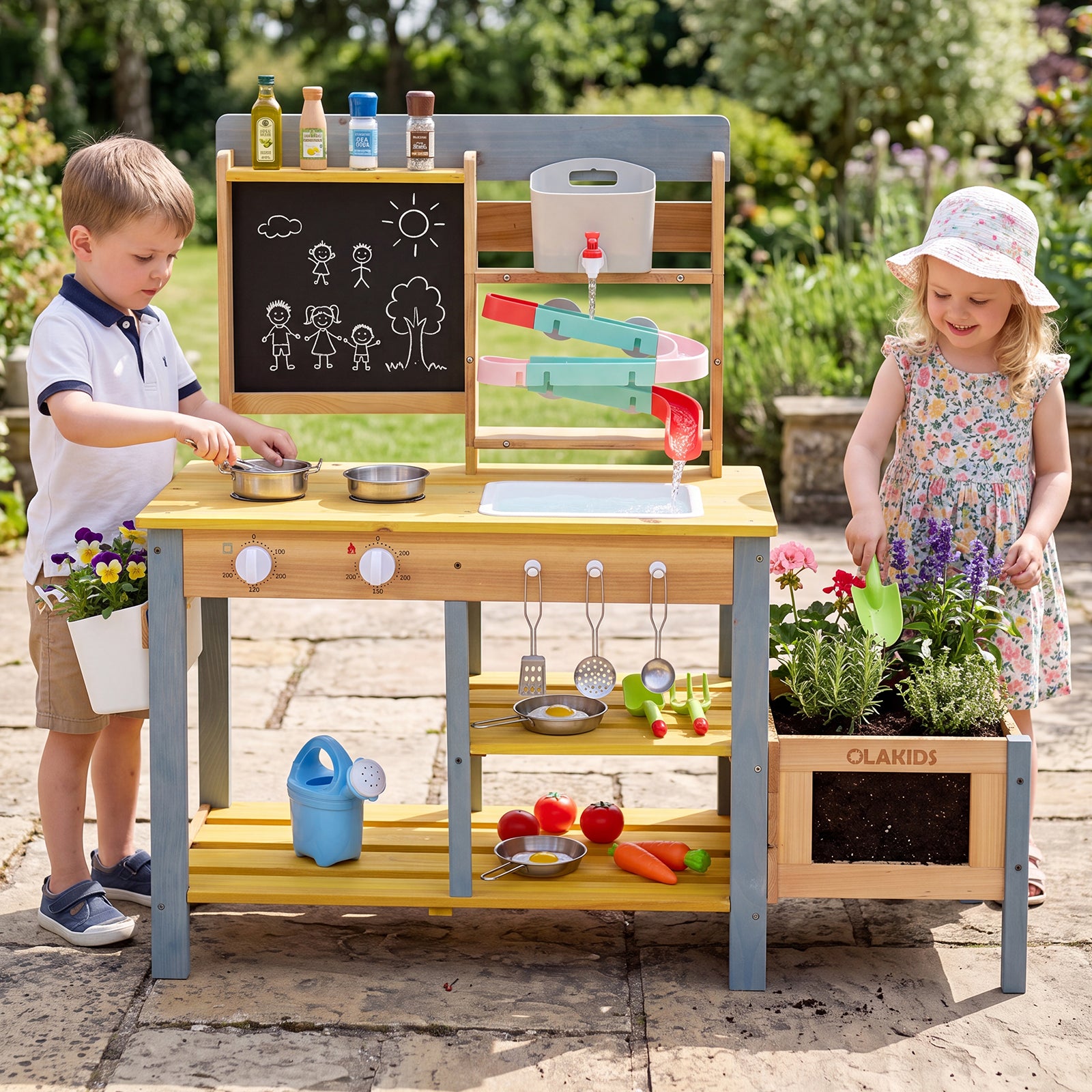 Mud Kitchen, Fir Wood Kids Play Kitchen Set w/ Faucet & Sink