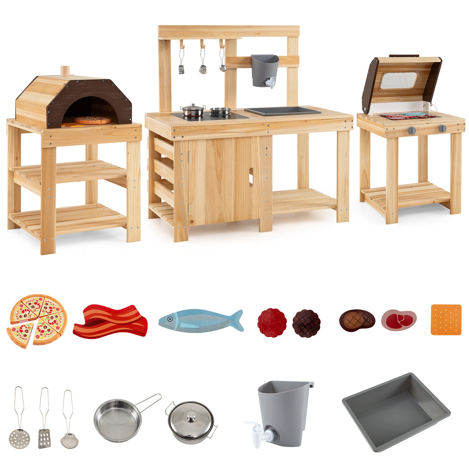 3-Piece Kids Playset for Outdoor w/ Mud Kitchen, BBQ Grill, Pizza Oven