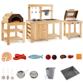 3-Piece Kids Playset for Outdoor w/ Mud Kitchen, BBQ Grill, Pizza Oven