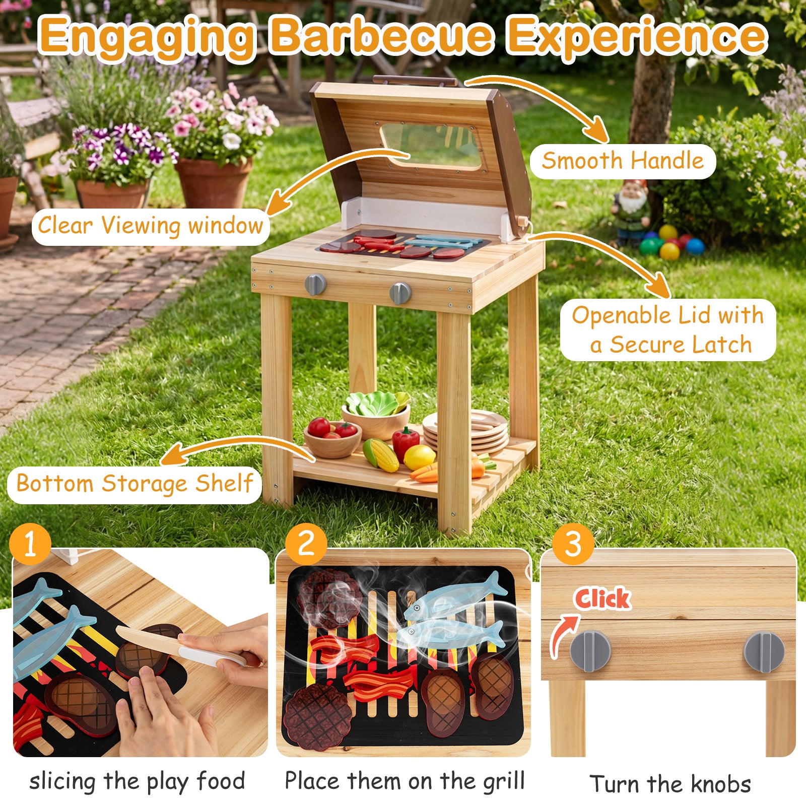 3-Piece Kids Playset for Outdoor w/ Mud Kitchen, BBQ Grill, Pizza Oven