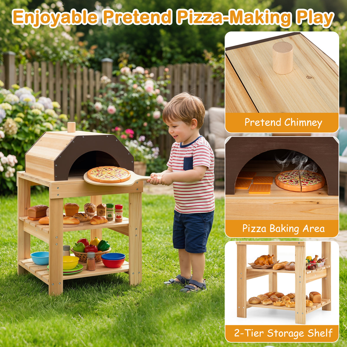 3-Piece Kids Playset for Outdoor w/ Mud Kitchen, BBQ Grill, Pizza Oven