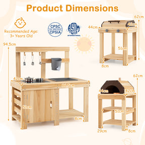 3-Piece Kids Playset for Outdoor w/ Mud Kitchen, BBQ Grill, Pizza Oven