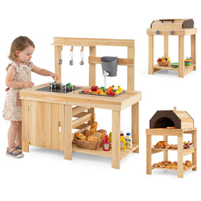 3-Piece Kids Playset for Outdoor w/ Mud Kitchen, BBQ Grill, Pizza Oven