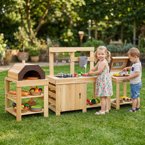 3-Piece Kids Playset for Outdoor w/ Mud Kitchen, BBQ Grill, Pizza Oven