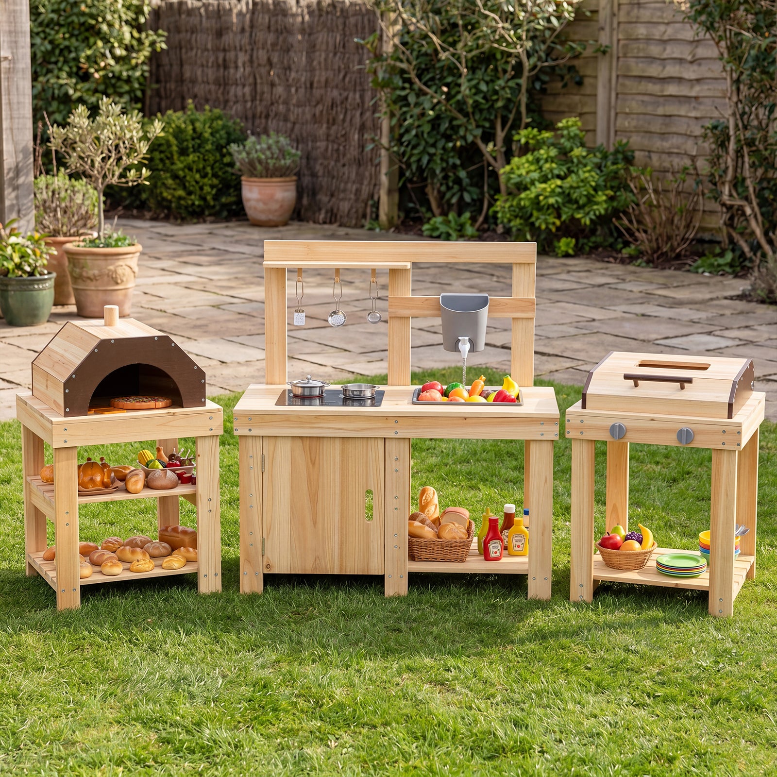 3-Piece Kids Playset for Outdoor w/ Mud Kitchen, BBQ Grill, Pizza Oven