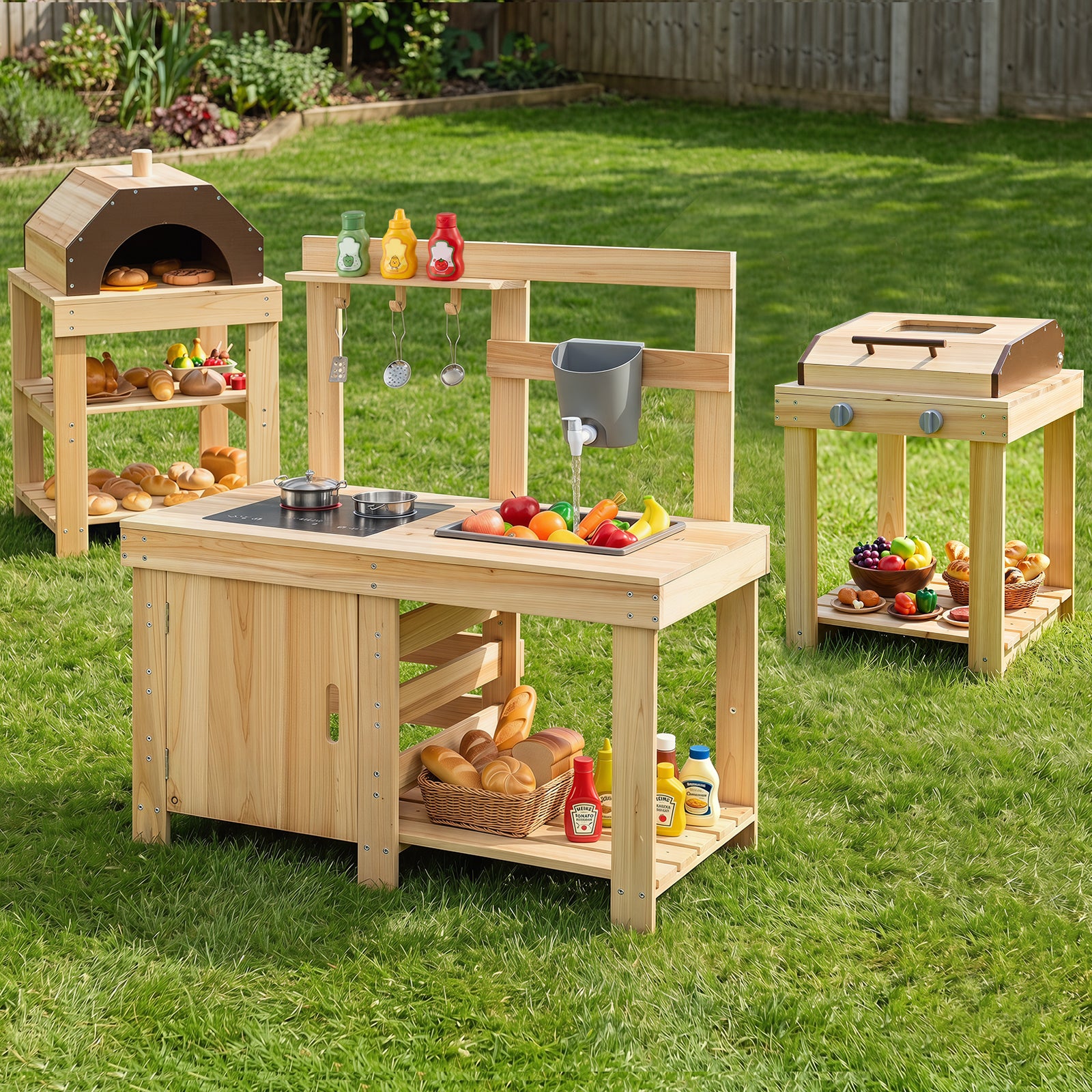 3-Piece Kids Playset for Outdoor w/ Mud Kitchen, BBQ Grill, Pizza Oven