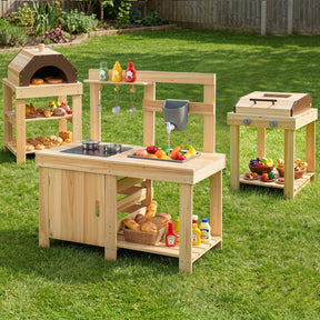 3-Piece Kids Playset for Outdoor w/ Mud Kitchen, BBQ Grill, Pizza Oven