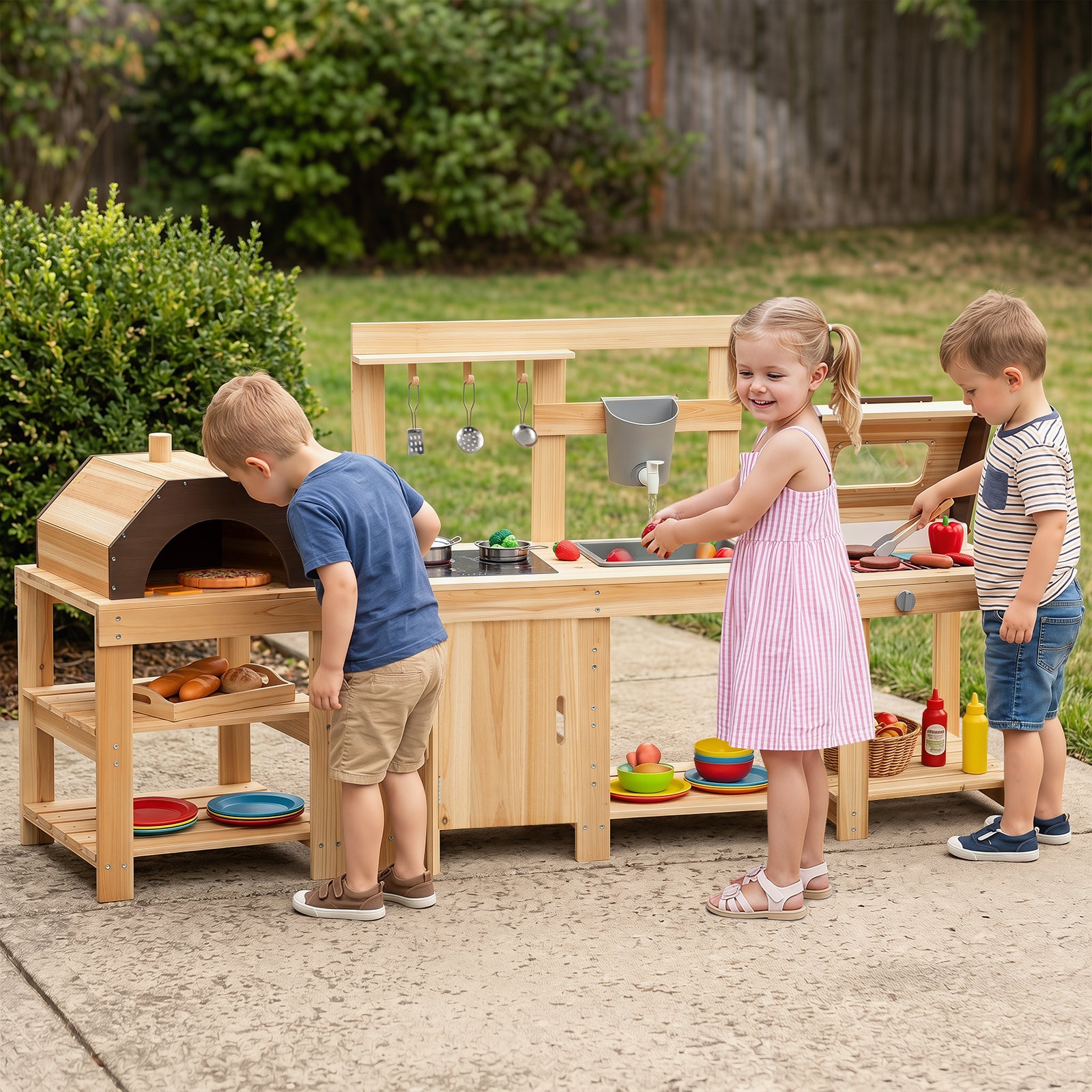 3-Piece Kids Playset for Outdoor w/ Mud Kitchen, BBQ Grill, Pizza Oven