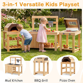 3-Piece Kids Playset for Outdoor w/ Mud Kitchen, BBQ Grill, Pizza Oven