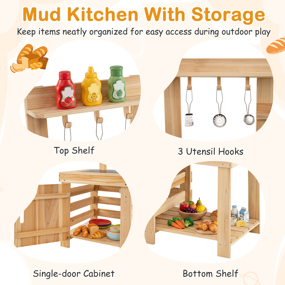 3-Piece Kids Playset for Outdoor w/ Mud Kitchen, BBQ Grill, Pizza Oven