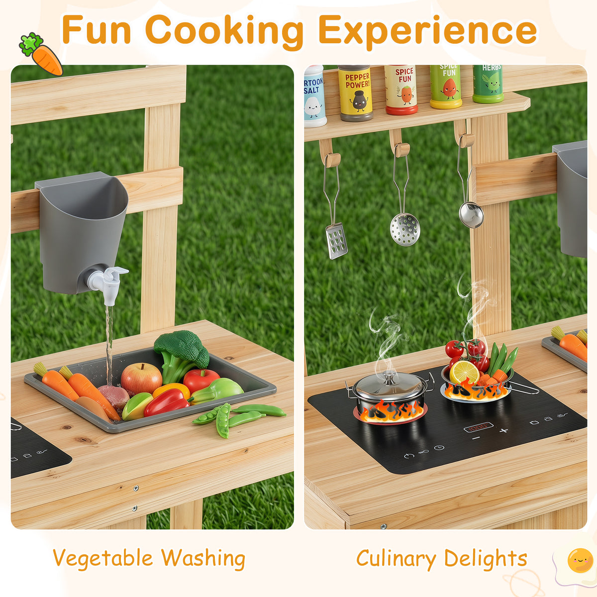 3-Piece Kids Playset for Outdoor w/ Mud Kitchen, BBQ Grill, Pizza Oven