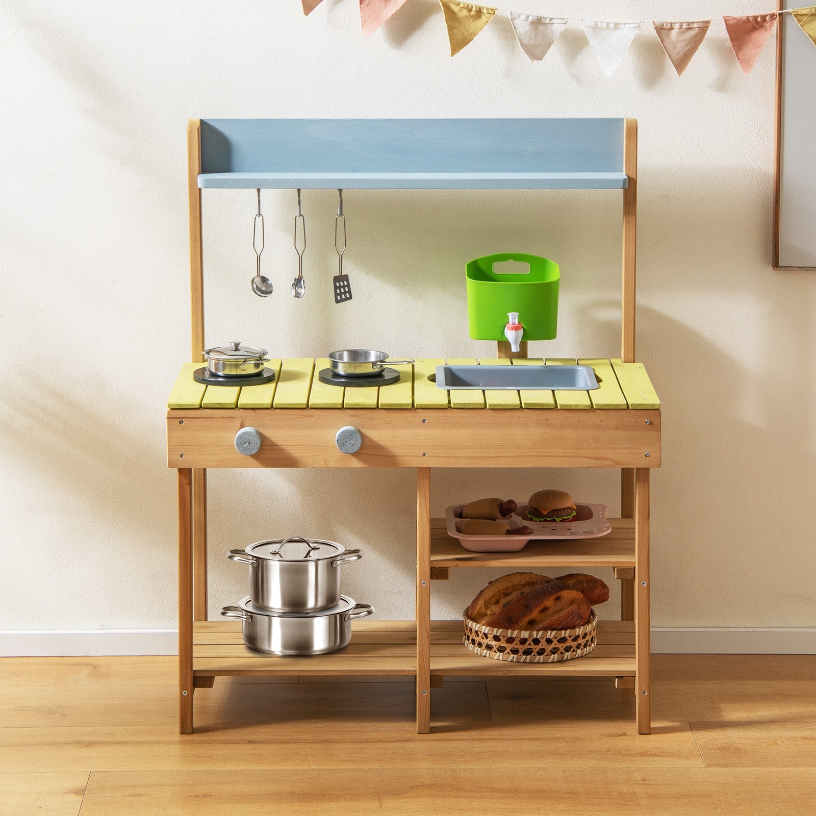 Indoor Outdoor Wooden Kitchen Play Set for Toddlers Ages 3+